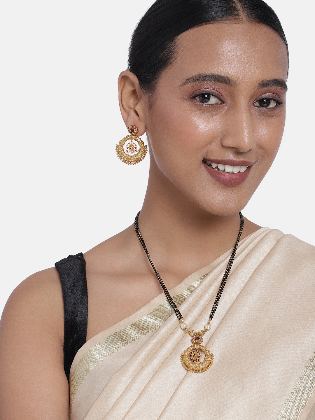

Peora Gold Plated & Black Kundan Beaded Mangalsutra with Earrings, Multi