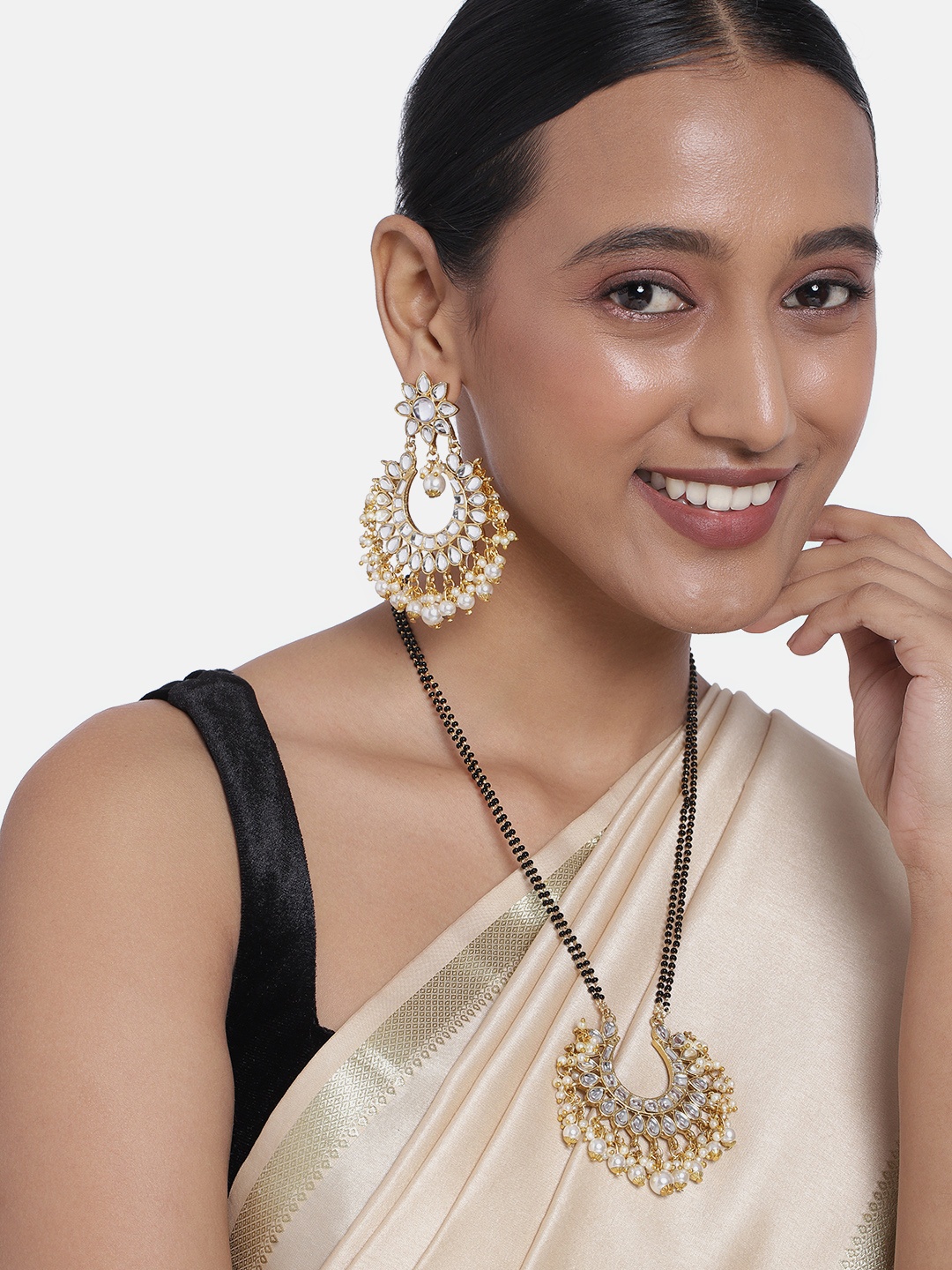 

Peora Gold Plated & Black Kundan Beaded Mangalsutra with Earrings, White