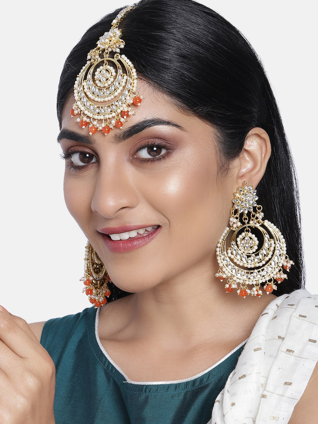 

Peora Orange Gold Plated Kundan & Pearl Chandbali Earring & Maang Tika
