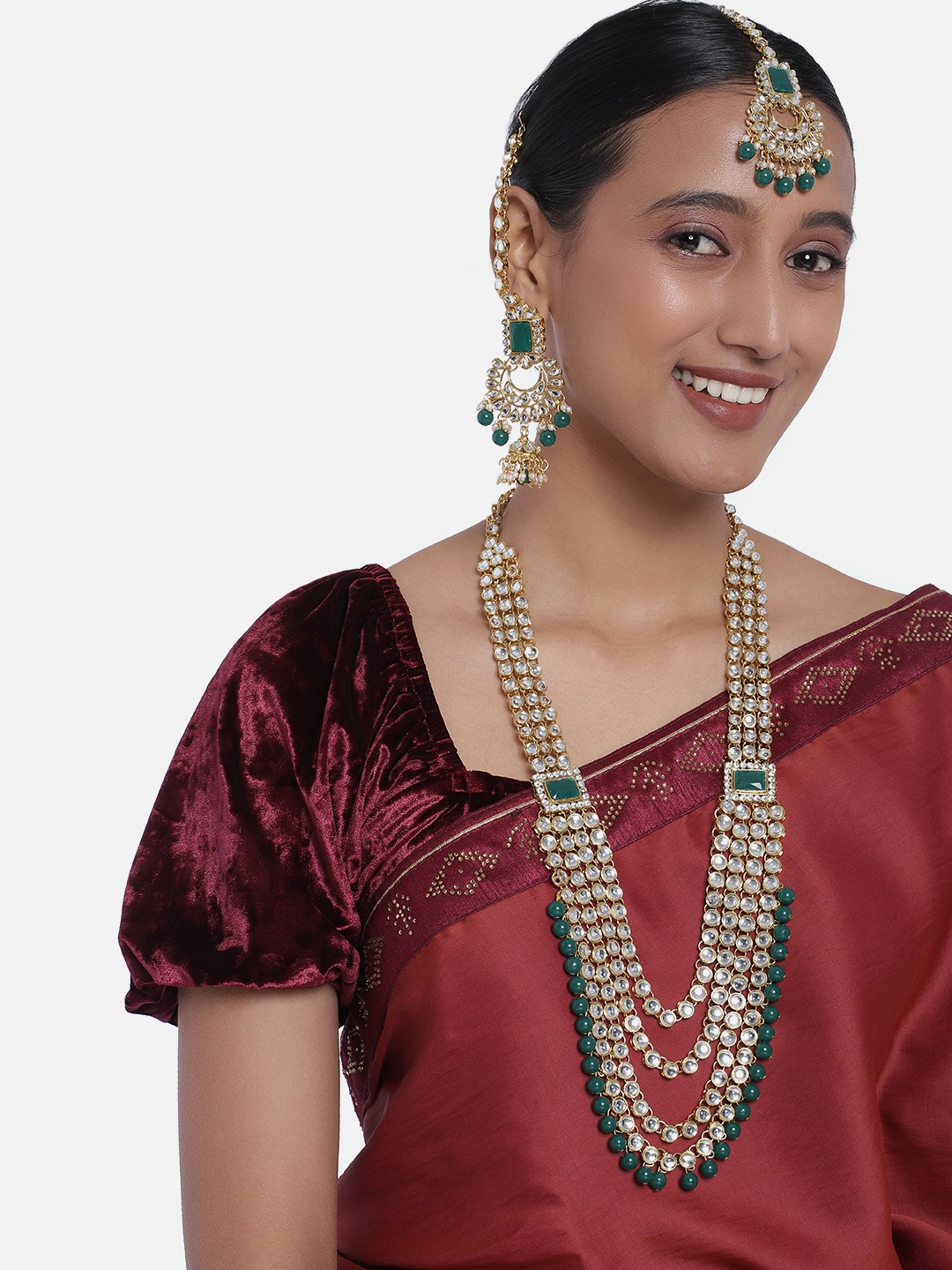 

Peora White & Green Gold-Plated Kundan & Pearl Bridal Long Layered Jewellery Set