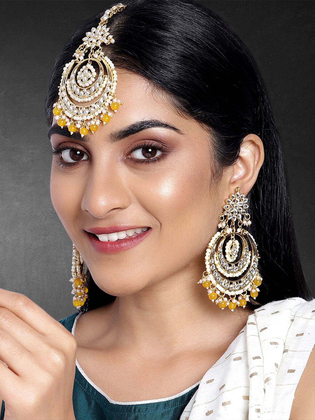 

Peora Yellow Gold Plated Kundan & Pearl Chandbali Earrings & Maang Tika