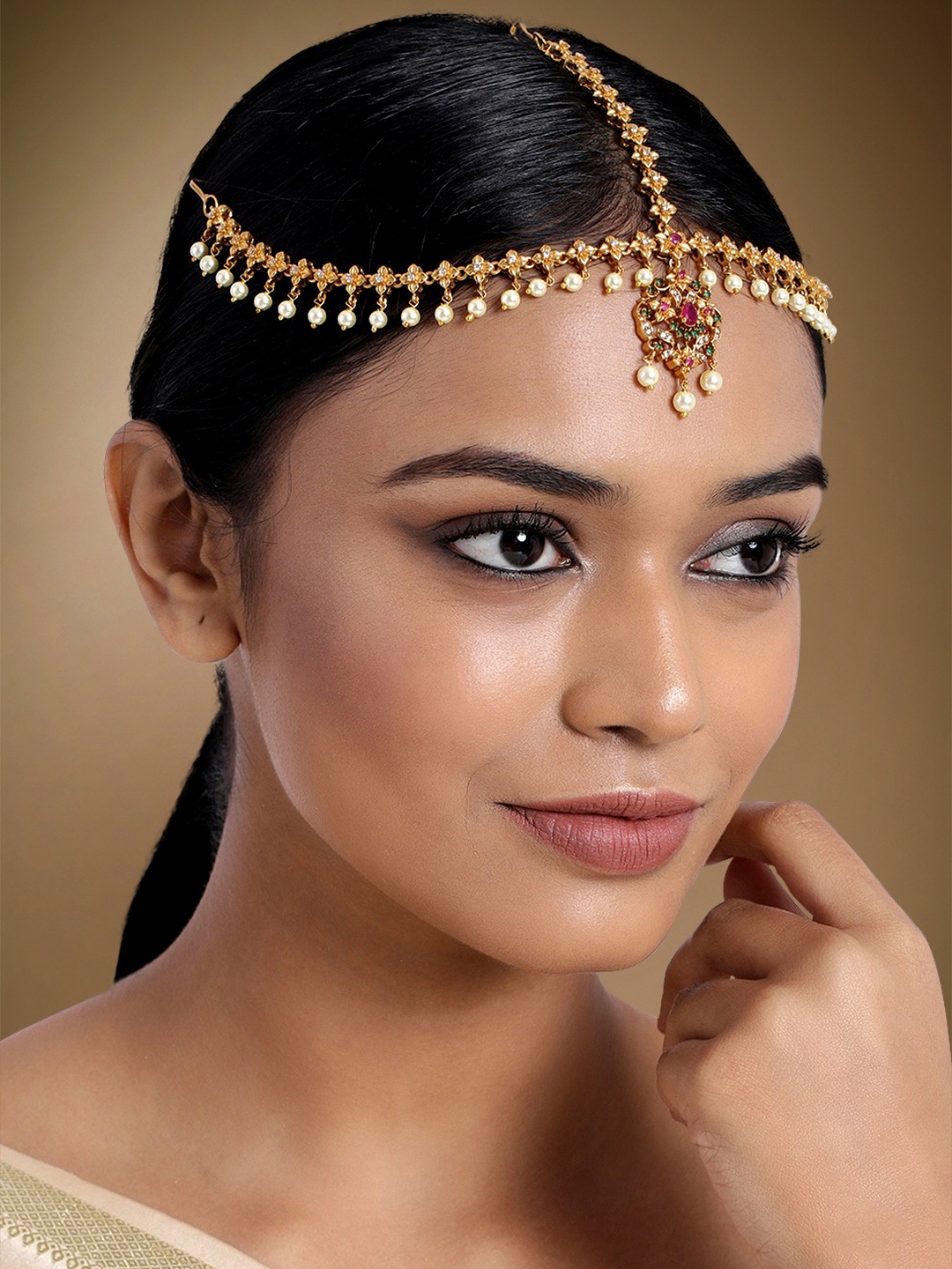 

Peora Women Matte Gold Plated & Red Glided, Stones & Pearls Matha Patti