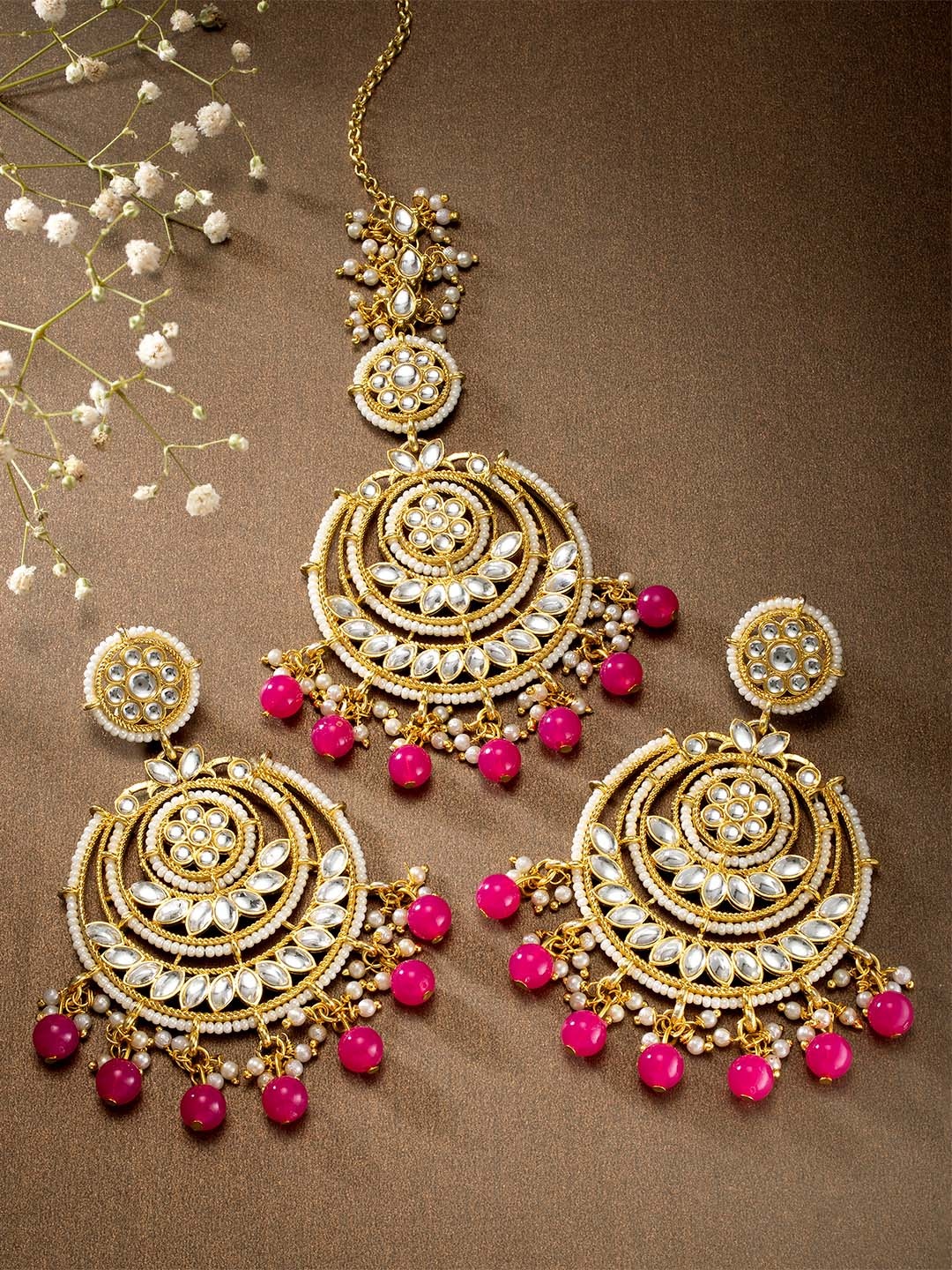 

Peora Magenta Pink Gold Plated Kundan Studded Chandbali Earrings & Maang Tika