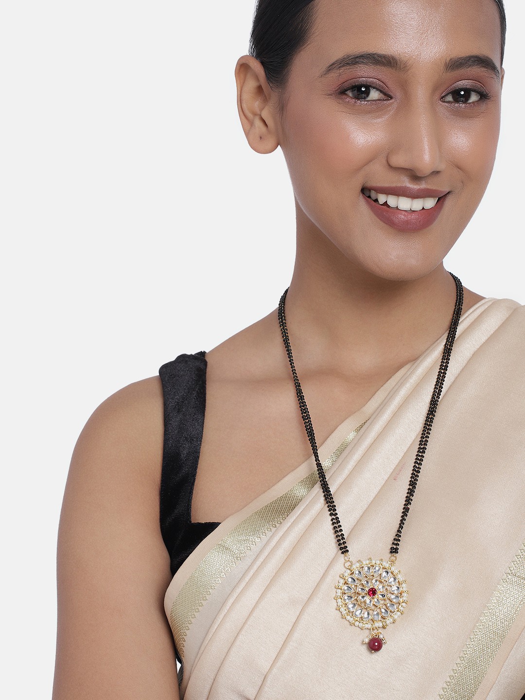 

Peora Gold Plated & Maroon Kundan Beaded Mangalsutra