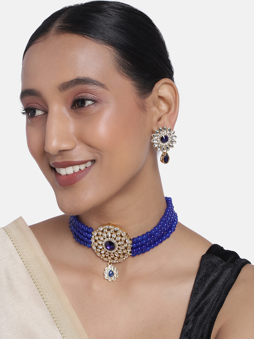 

Peora Blue Gold-Plated Kundan Beaded Jewellery Set