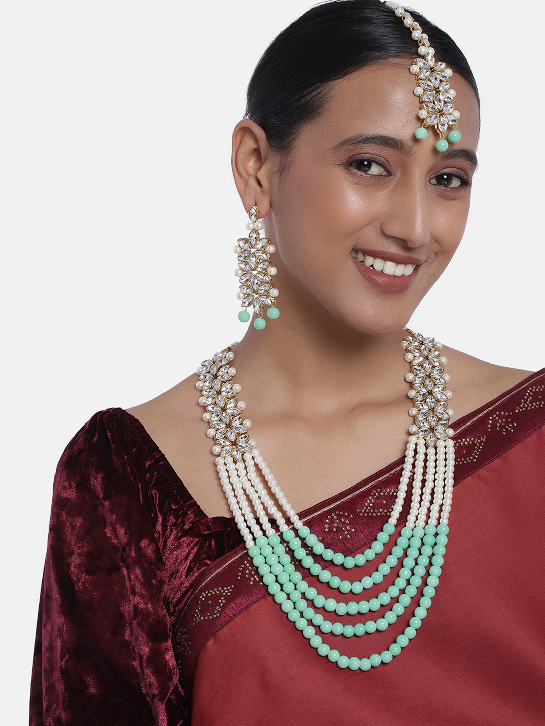 

Peora White & Sea Green Gold-Plated Kundan & Pearl Bridal Long Layered Jewellery Set