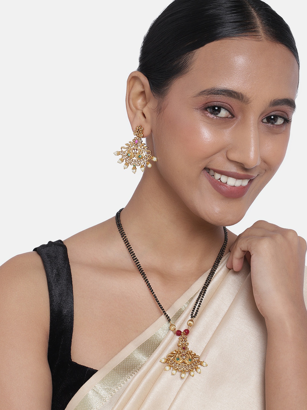 

Peora Gold Plated & Red Beaded Mangalsutra With Earrings, Multi