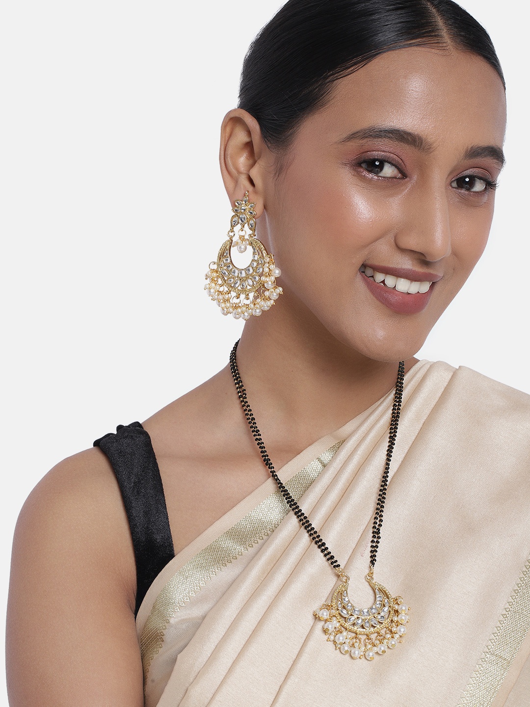 

Peora Gold Plated & White Long Mangalsutra With Earrings