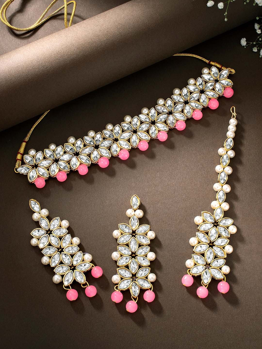 

Peora White Pink Gold-Plated Kundan Faux Pearl Wedding Jewellery Set