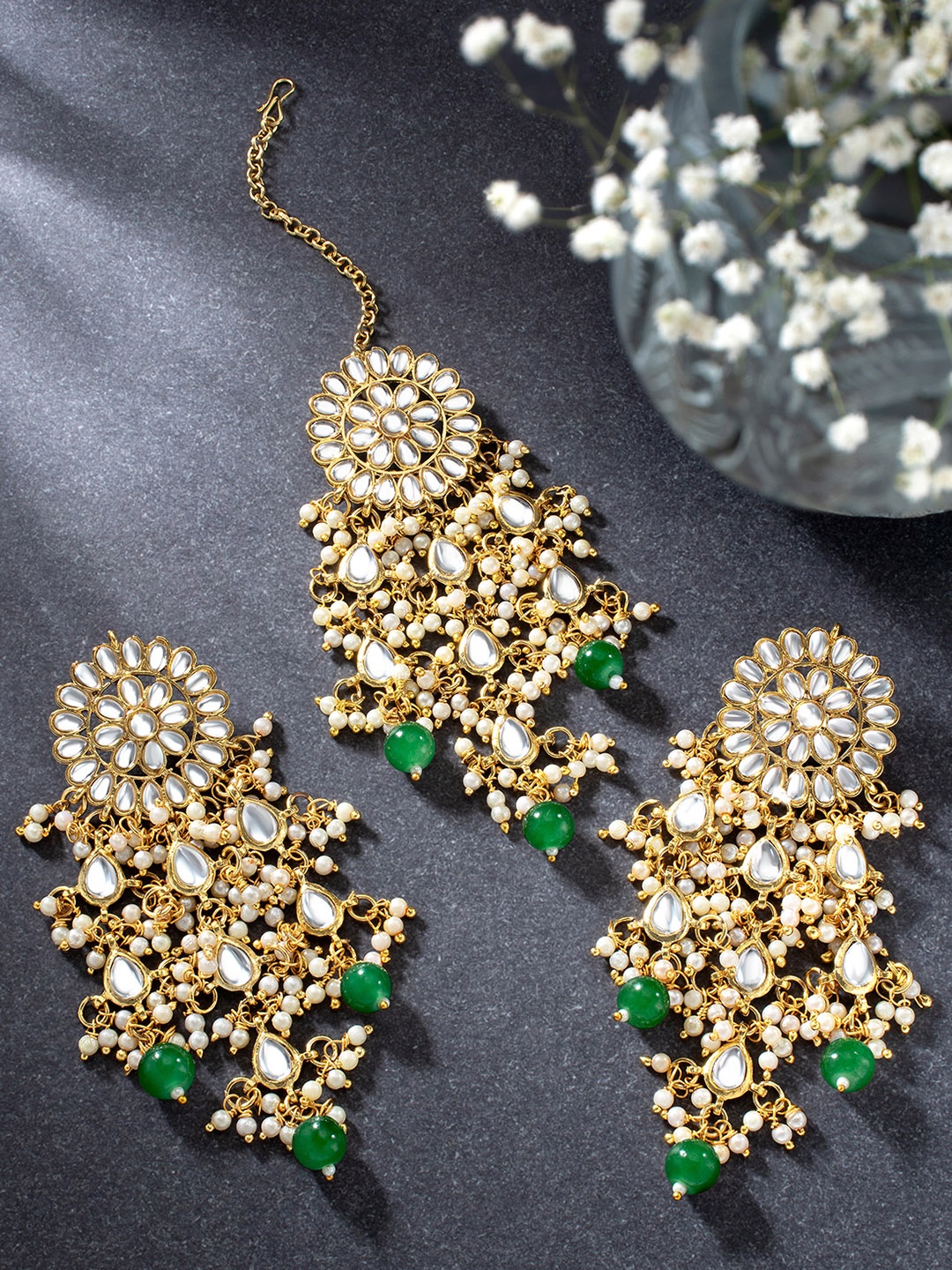 

Peora Gold Plated Kundan Studded Beaded Maangtika With Earrings, Green