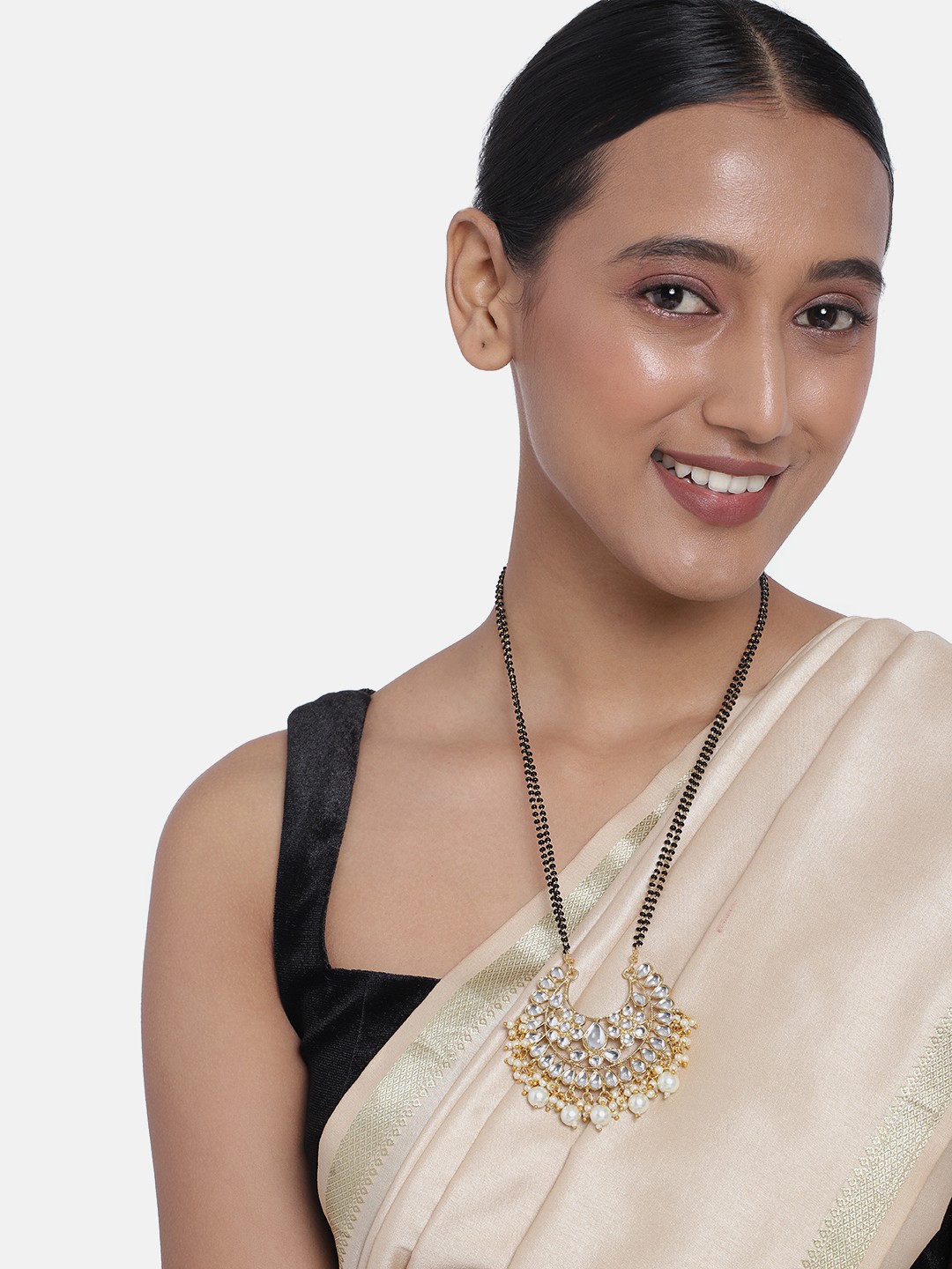 

Peora Gold Plated & White Kundan Beaded Mangalsutra