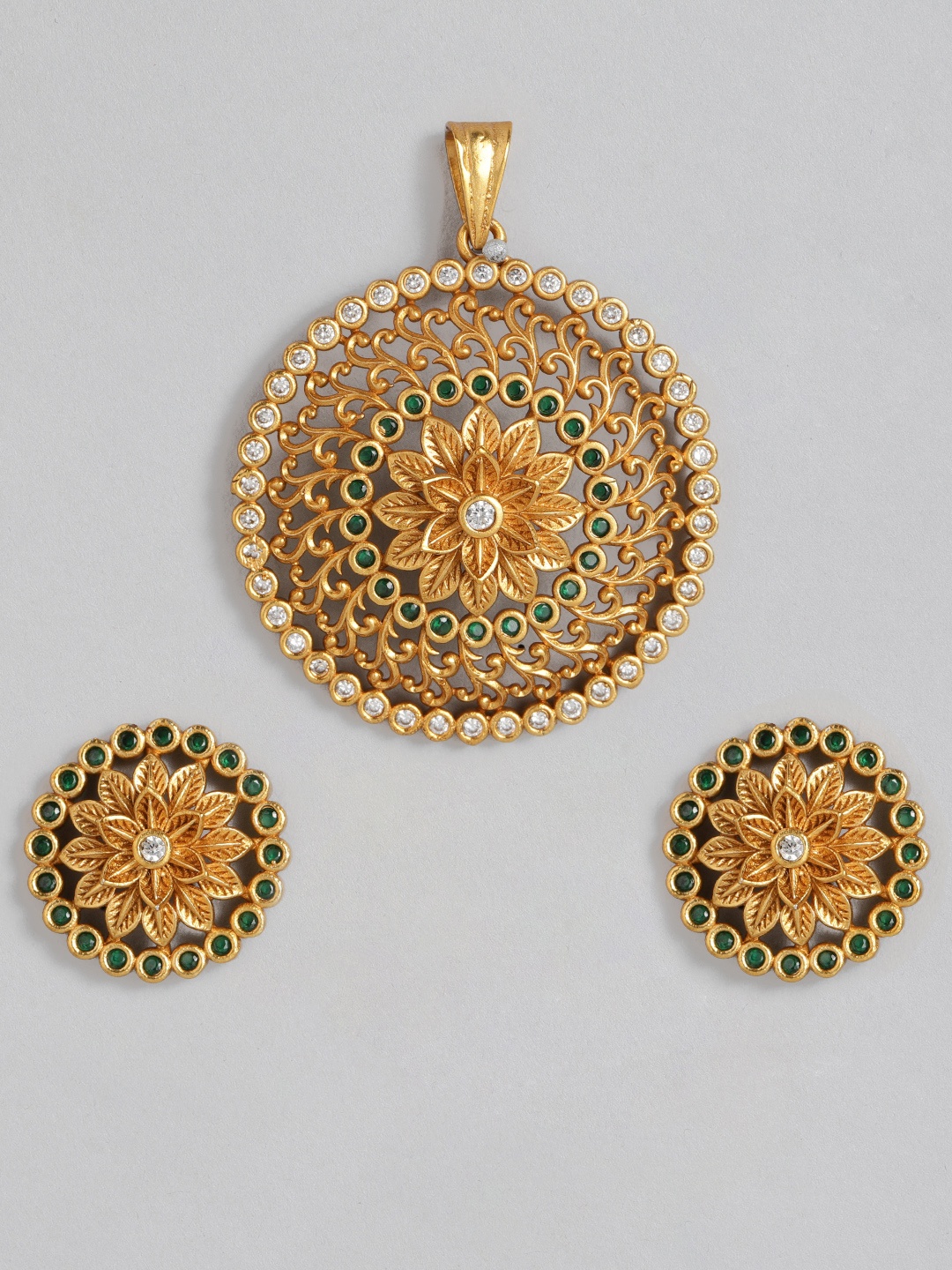 

Peora Temple Jewellery Round Floral Studdded Pendant with Earring Set, Green
