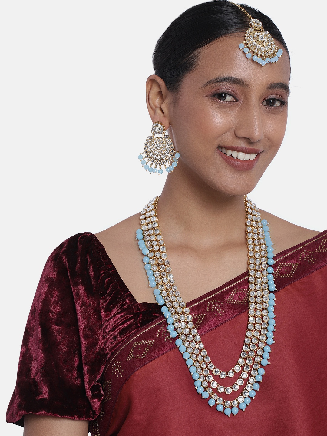 

Peora White & Turquoise Blue Gold-Plated Kundan Long Layered Jewellery Set