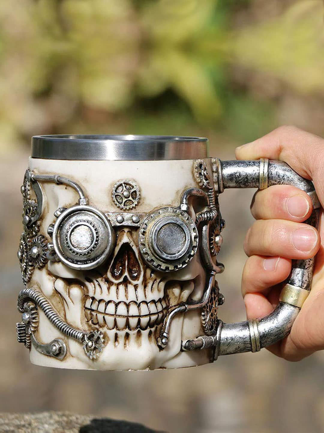 

TIED RIBBONS Silver Toned & Beige 3D Skull Coffee Mug