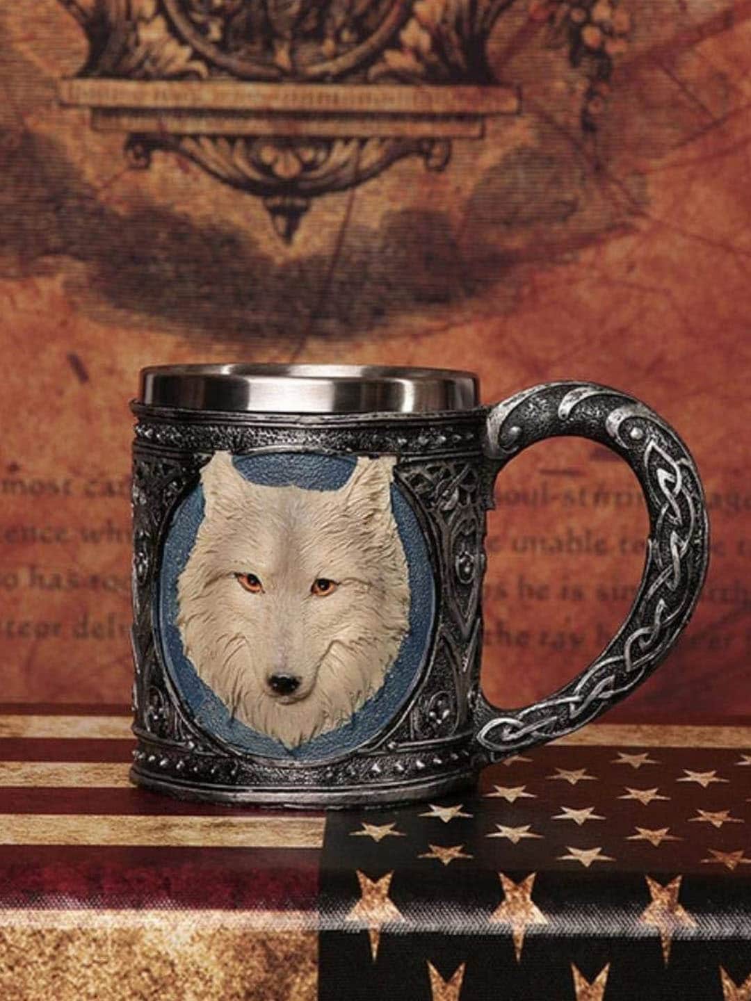 

TIED RIBBONS Silver-Toned & Blue 3D Wolf Design Skull Coffee Mug