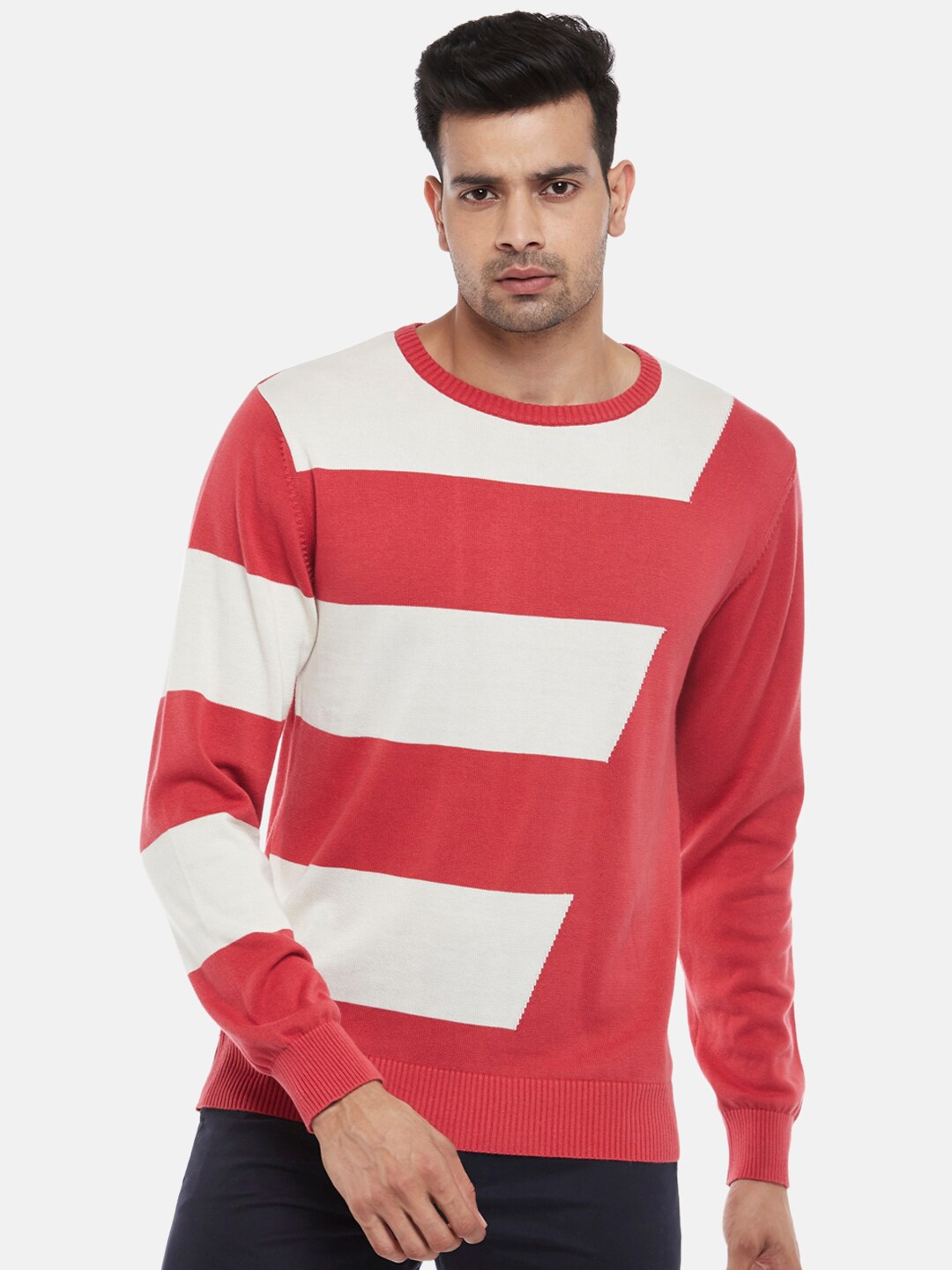 

BYFORD by Pantaloons Men Coral Pink & White Striped Cotton Pullover