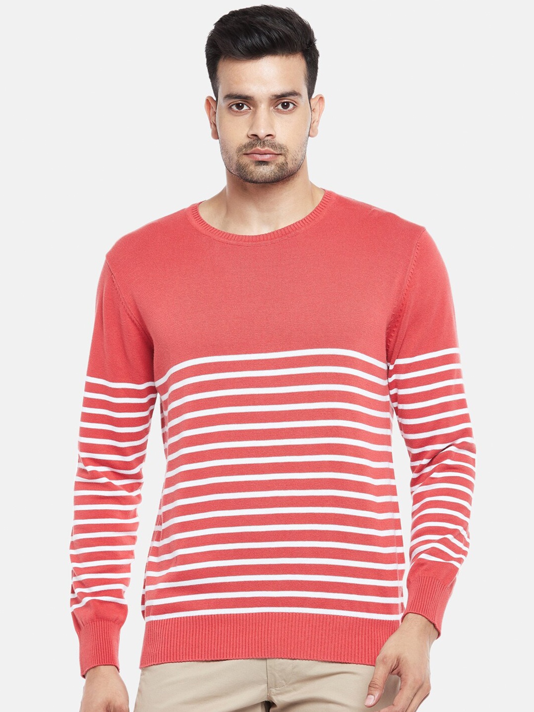 

BYFORD by Pantaloons Men Coral & White Striped Pure Cotton Pullover