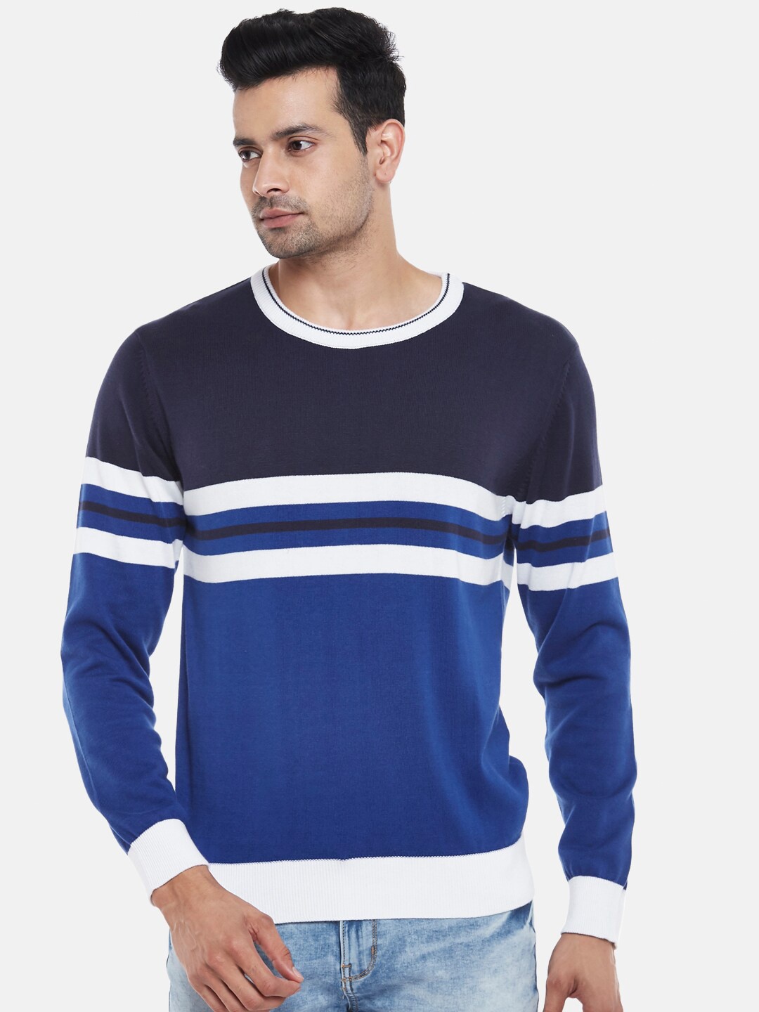 

BYFORD by Pantaloons Men Blue & White Striped Pullover