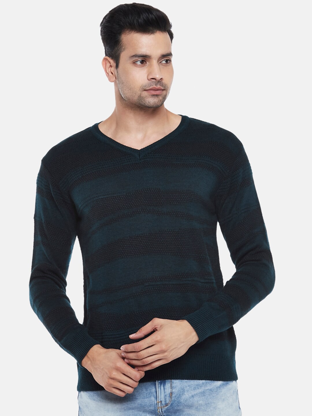 

BYFORD by Pantaloons Men Teal Striped Pullover Acrylic Sweater