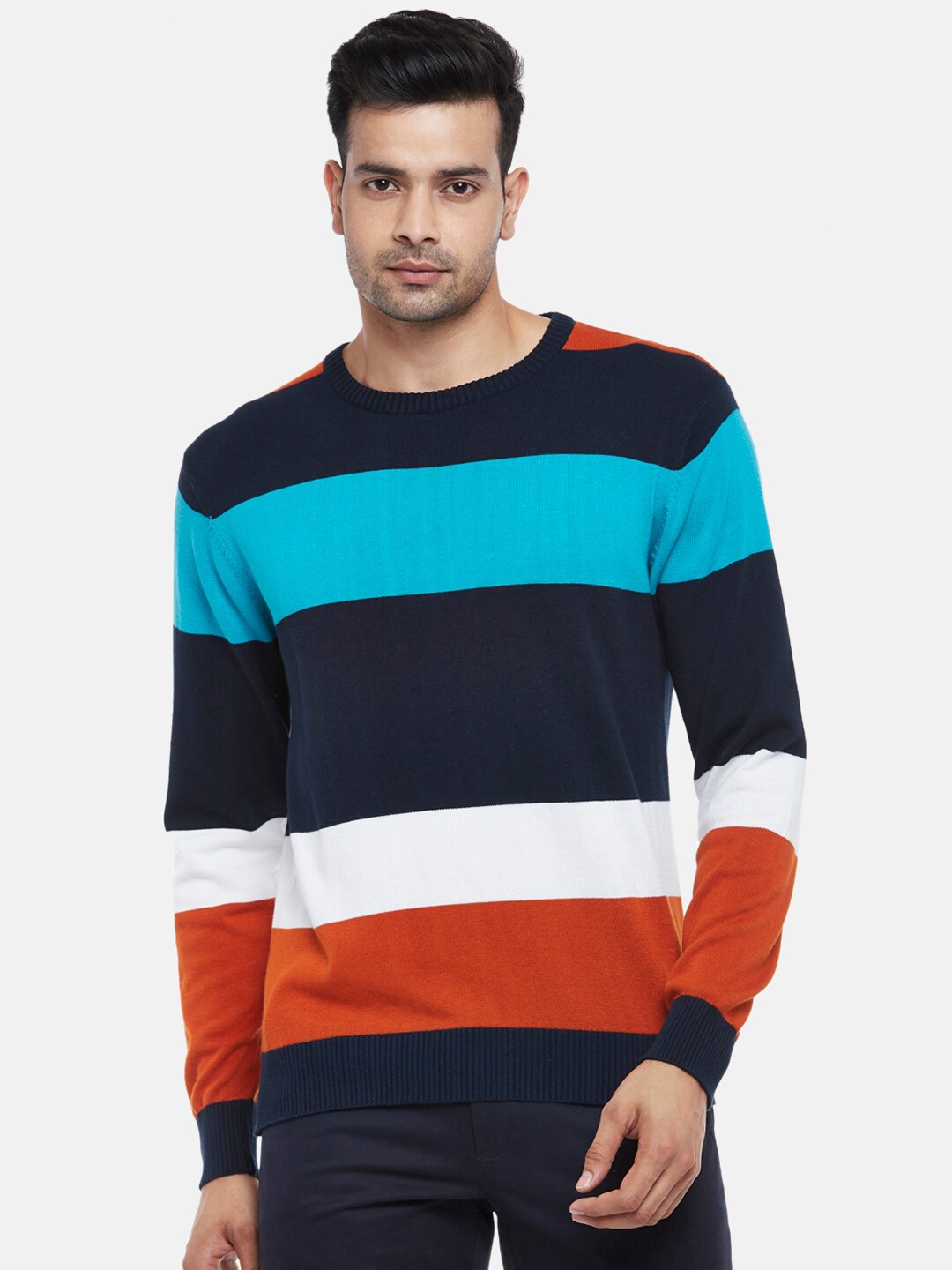 

BYFORD by Pantaloons Men Turquoise Blue & Orange Cotton Striped Pullover