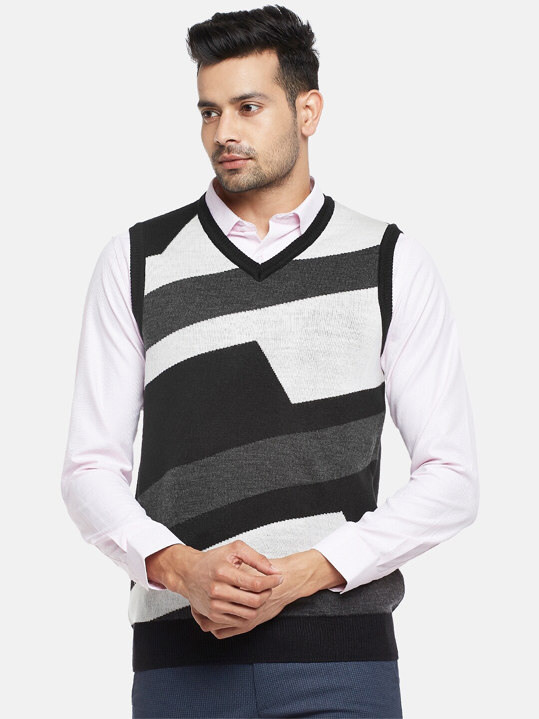 

BYFORD by Pantaloons Men Black & White Striped Acrylic Sweater Vest