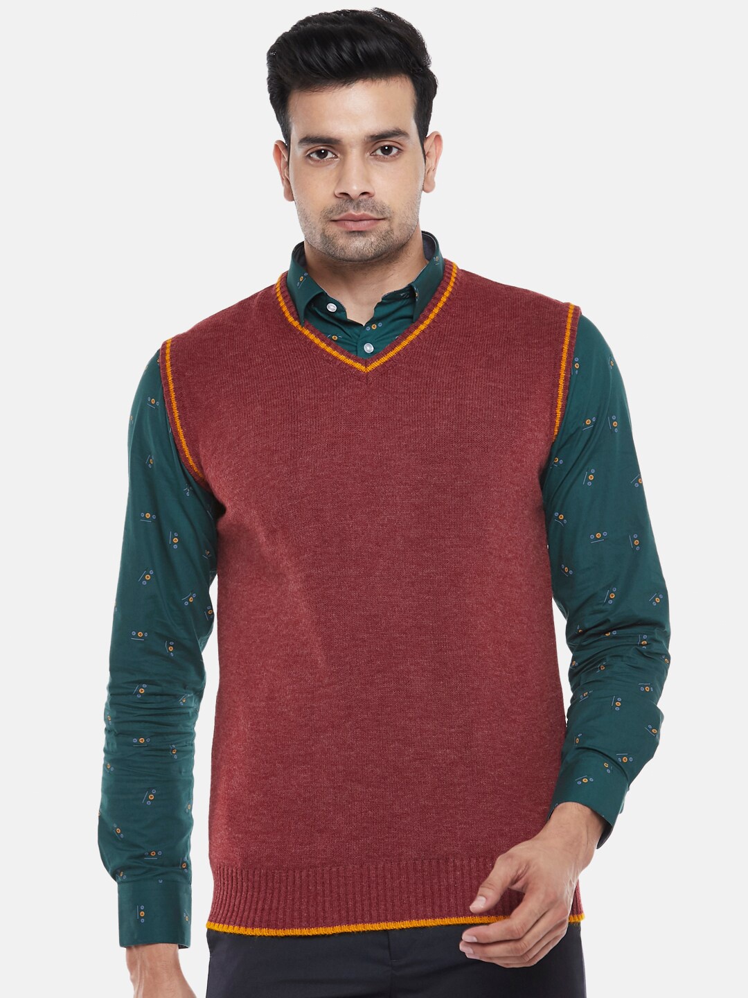 

BYFORD by Pantaloons Men Maroon & Yellow Solid Acrylic Sweater Vest