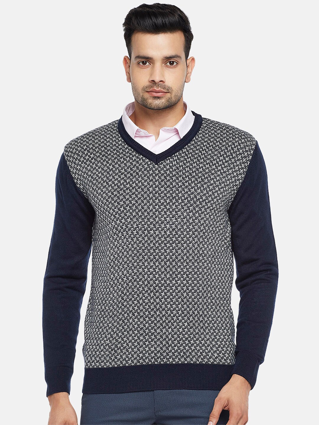 

BYFORD by Pantaloons Men Navy Blue & White Cable Knit Pullover