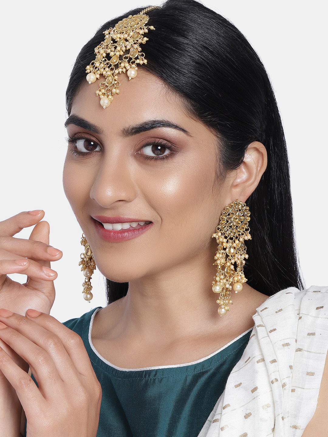 

Peora Off White Gold Plated Kundan Studded Beaded Classic Drop Earrings & Maang Tika