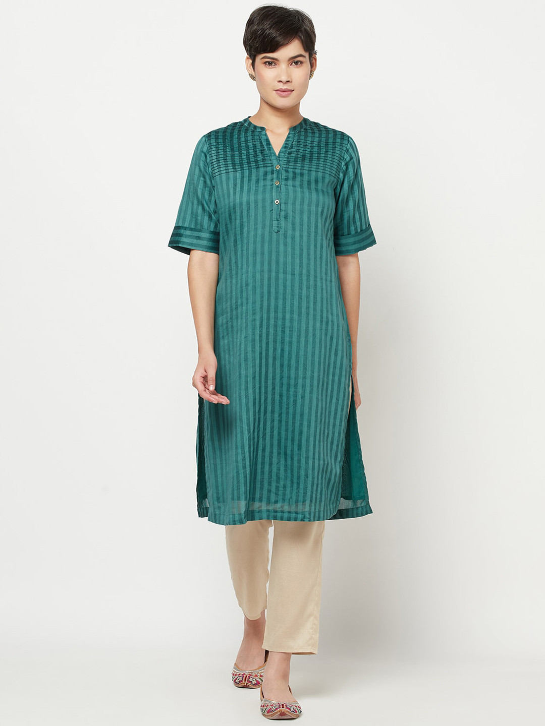 

Fabindia Women Green Striped Sleeves Kurta