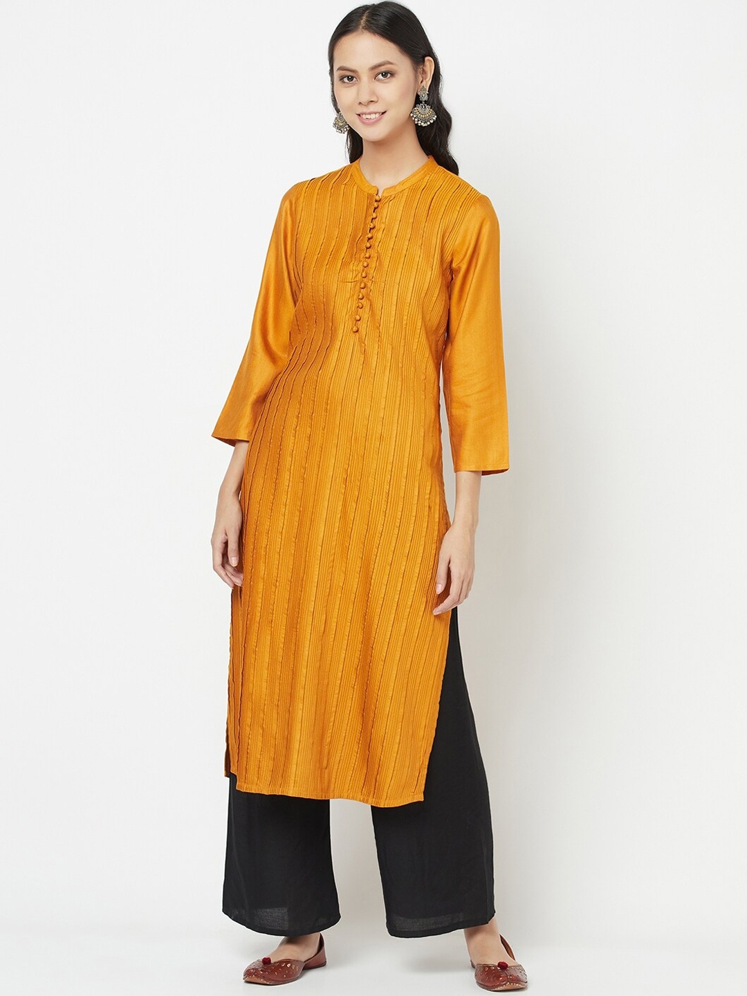 

Fabindia Women Mustard Striped Thread Work Kurta