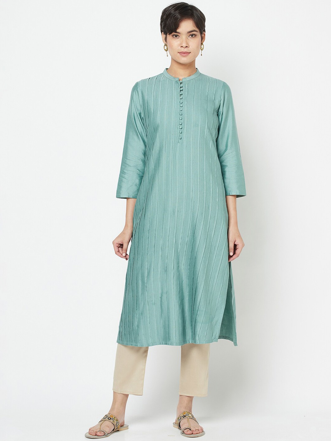 

Fabindia Women Teal Striped Kurta