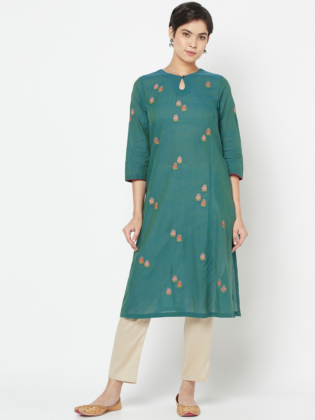 

Fabindia Women Green Ethnic Motifs Embroidered Detail Kurta