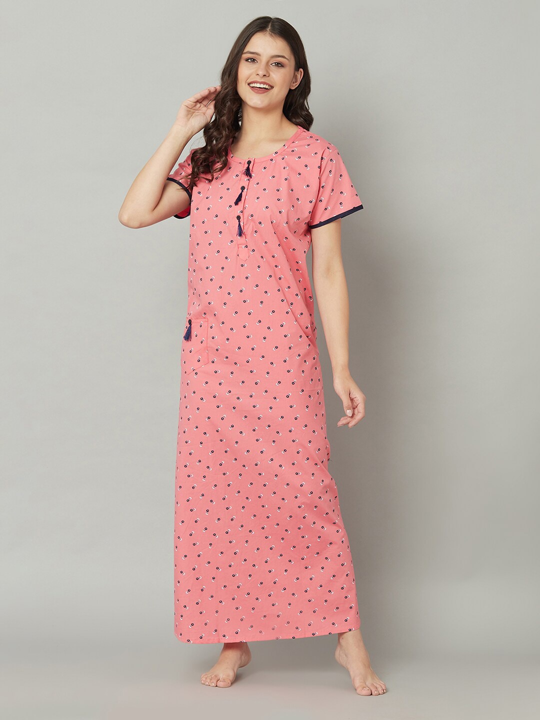 

TRUNDZ Pink & Blue Printed Pure Cotton Maxi Nightdress