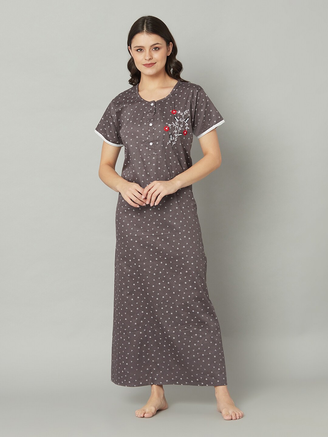 

TRUNDZ Grey Printed Pure Cotton Maxi Nightdress