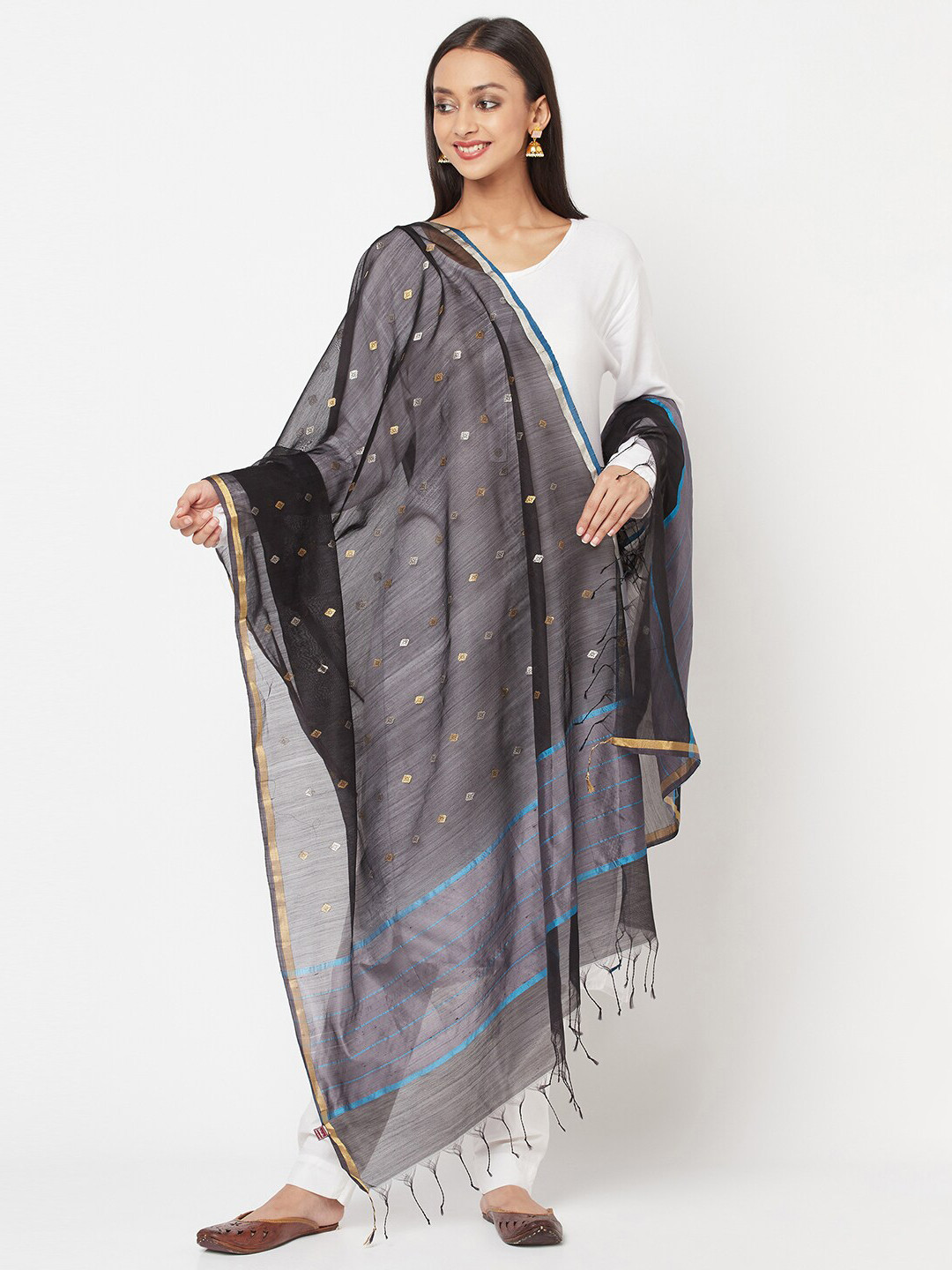 

Fabindia Black & Gold-Toned Woven Design Chanderi Cotton Silk Dupatta