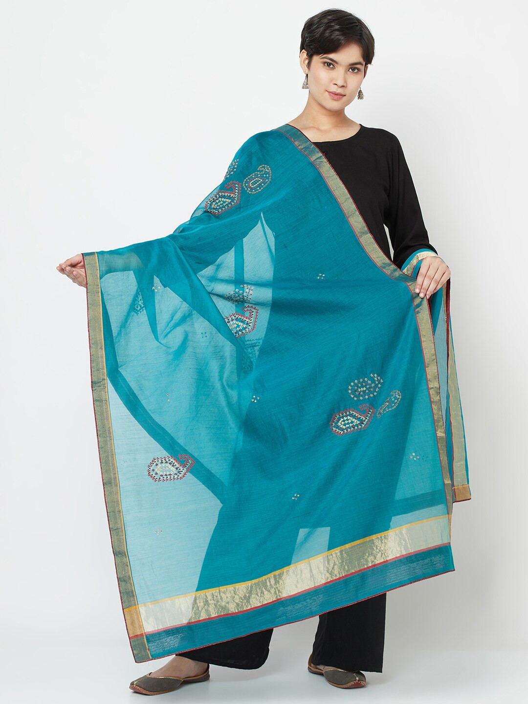 

Fabindia Women Teal Embroidered Paisley Dupatta