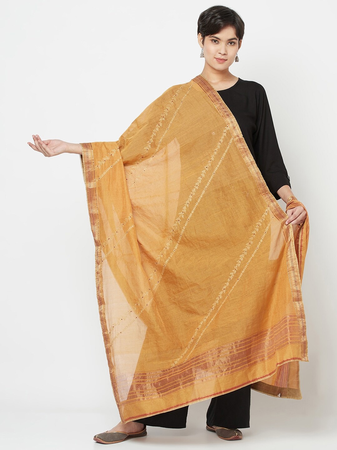 

Fabindia Mustard Maheshwari Embroidery Cotton Silk Dupatta