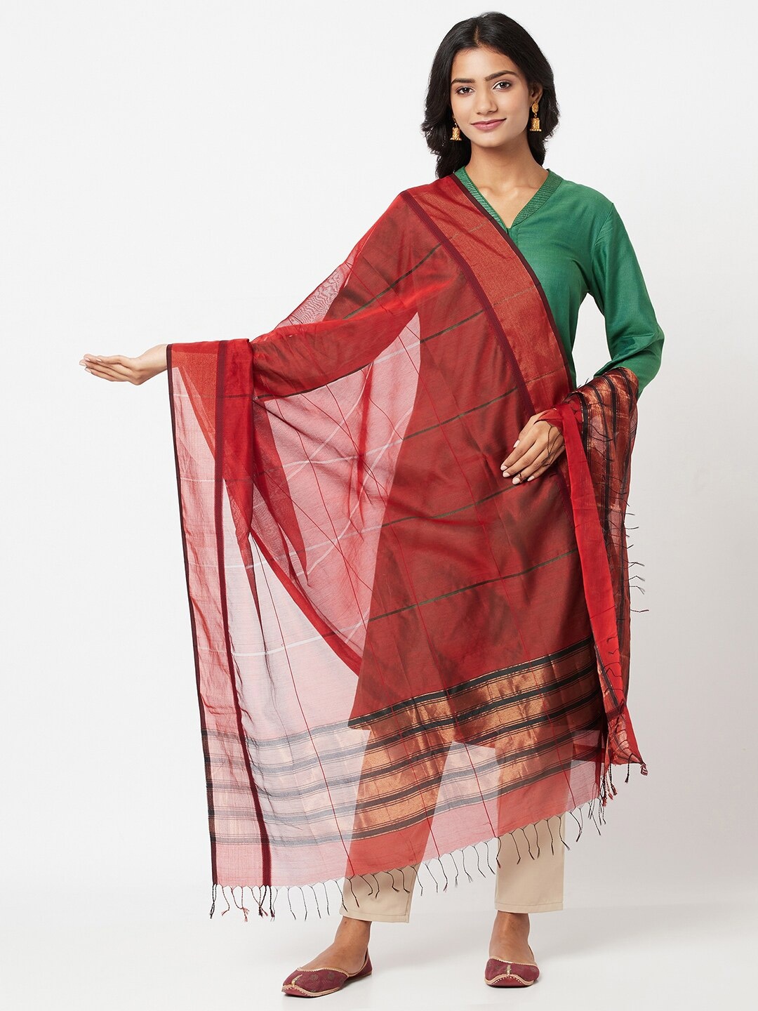 

Fabindia Maroon & Black Striped Cotton Silk Dupatta