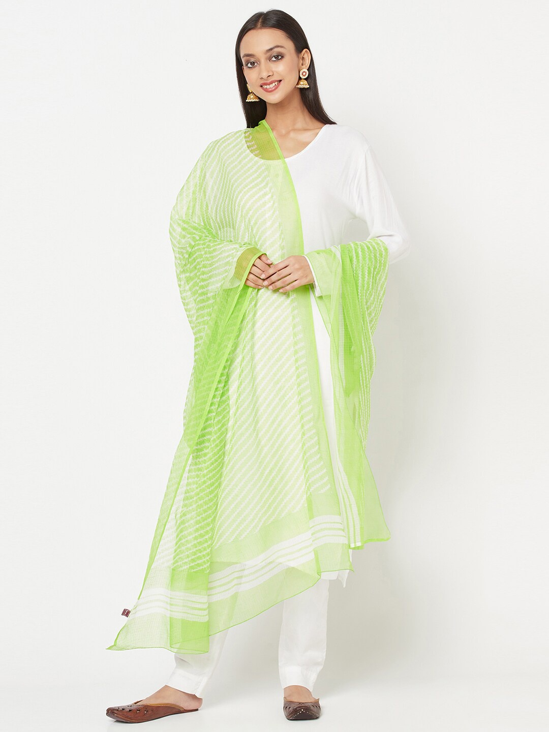 

Fabindia Lime Green & White Printed Cotton Silk Dupatta
