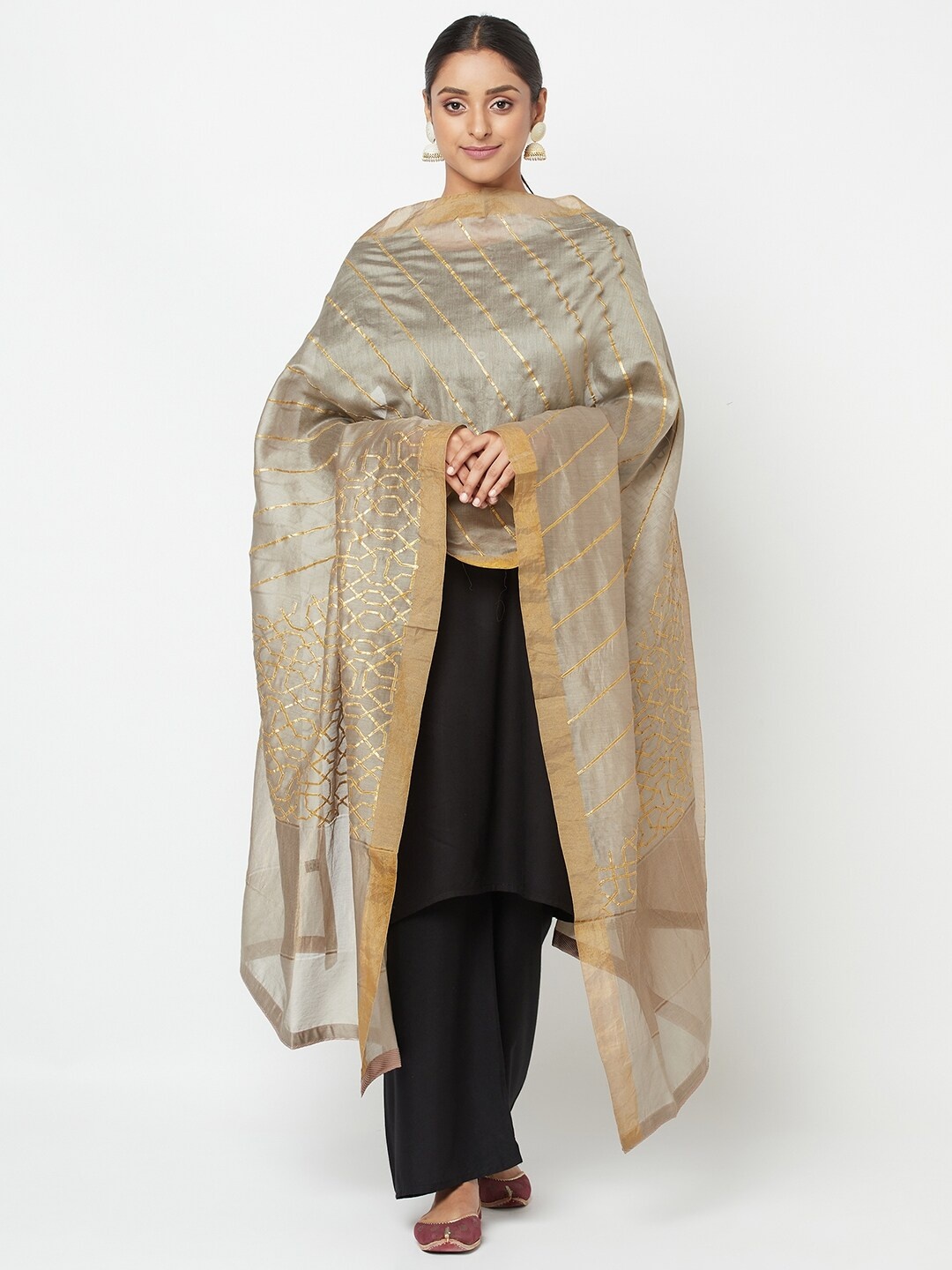 

Fabindia Beige & Gold-Toned Embroidered Cotton Silk Dupatta