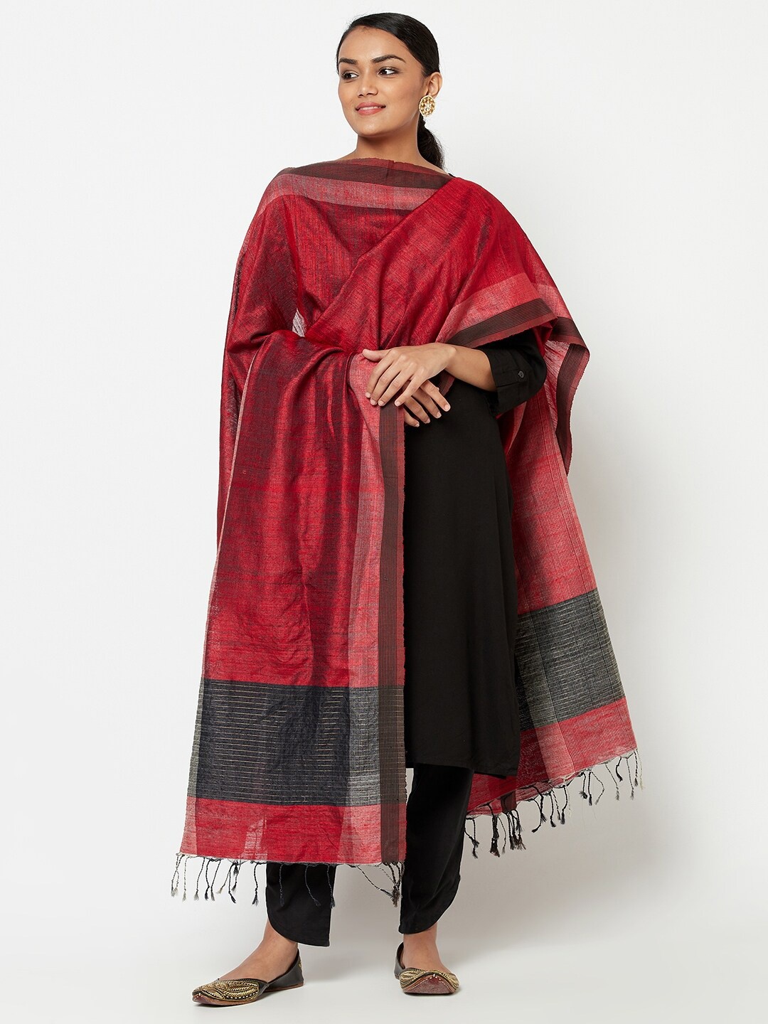 

Fabindia Rust & Black Woven Design Cotton Silk Dupatta