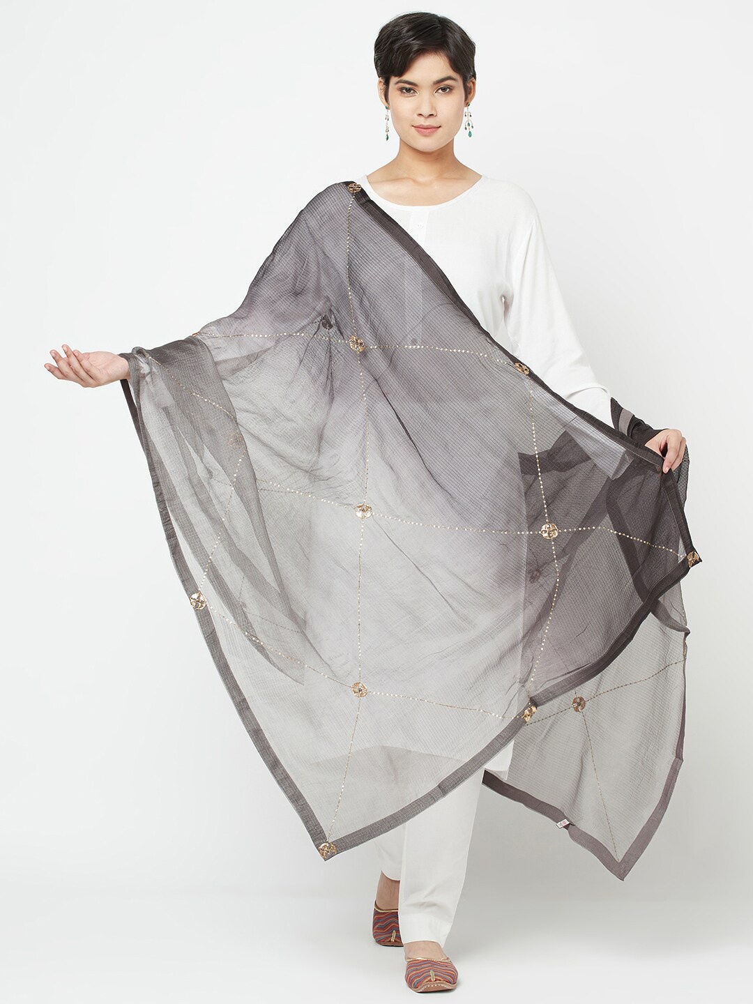 

Fabindia Grey & Gold-Toned Ethnic Motifs Embroidered Pure Silk Dupatta