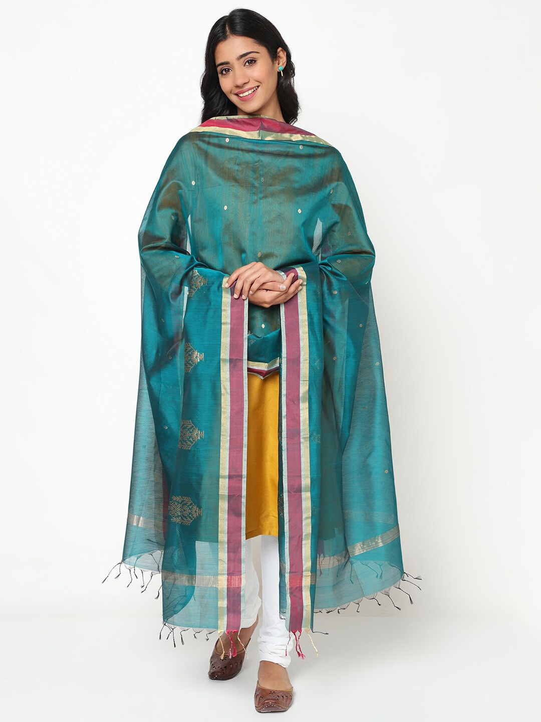 

Fabindia Teal & Gold-Toned Ethnic Motifs Woven Design Cotton Silk Dupatta