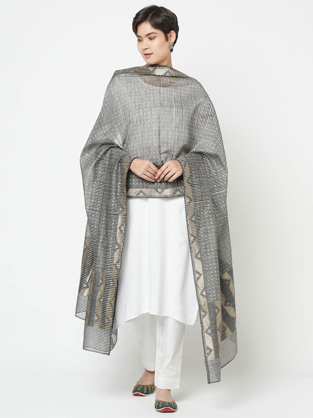 

Fabindia Grey & Black Woven Design Cotton Silk Dupatta