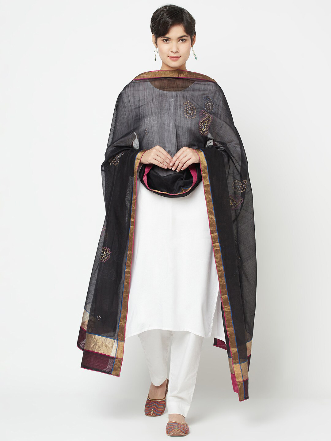 

Fabindia Black & Gold-Toned Paisley Embroidered Cotton Silk Dupatta