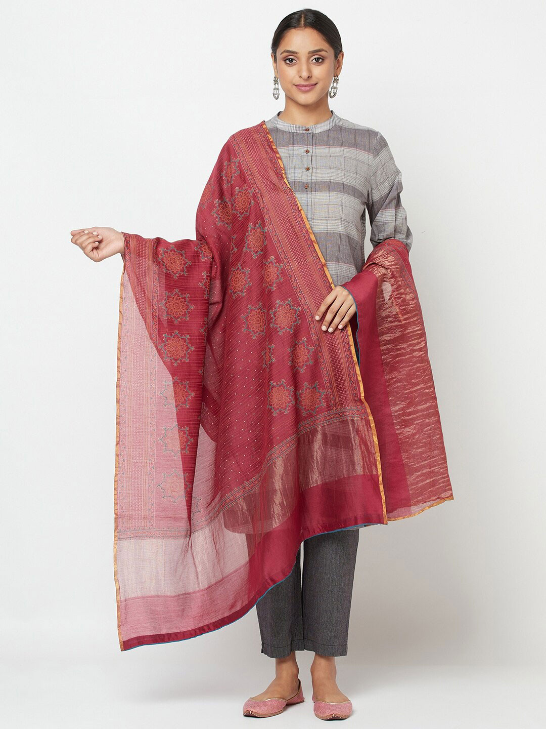 

Fabindia Red & Blue Printed Cotton Silk Dupatta