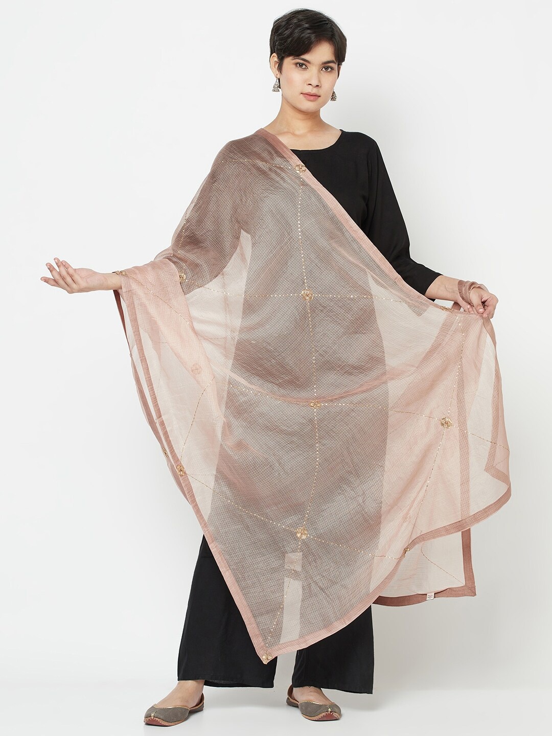 

Fabindia Beige & Gold-Toned Embroidered Pure Silk Dupatta