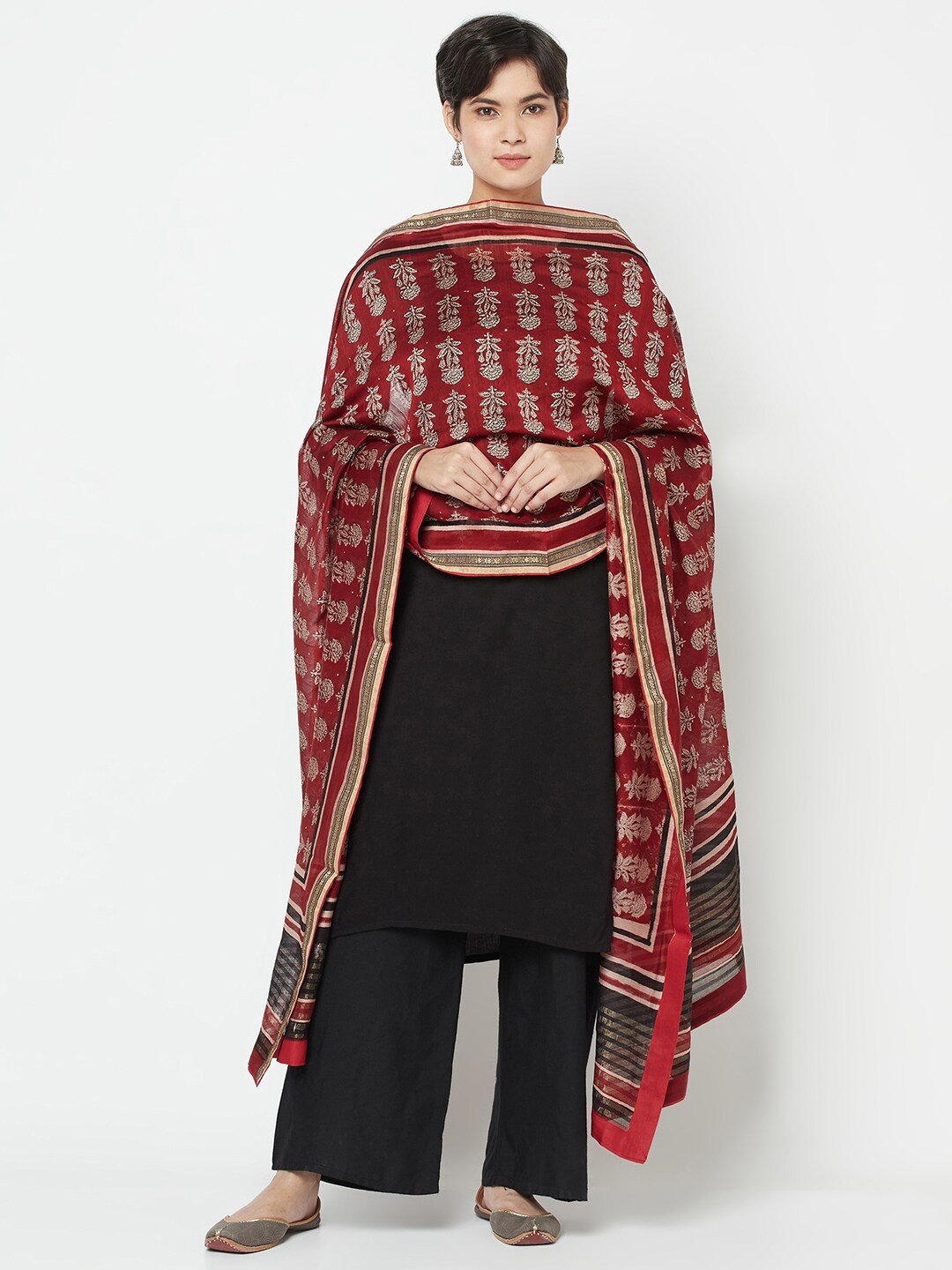 

Fabindia Maroon & Gold-Toned Ethnic Motifs Printed Cotton Silk Dupatta