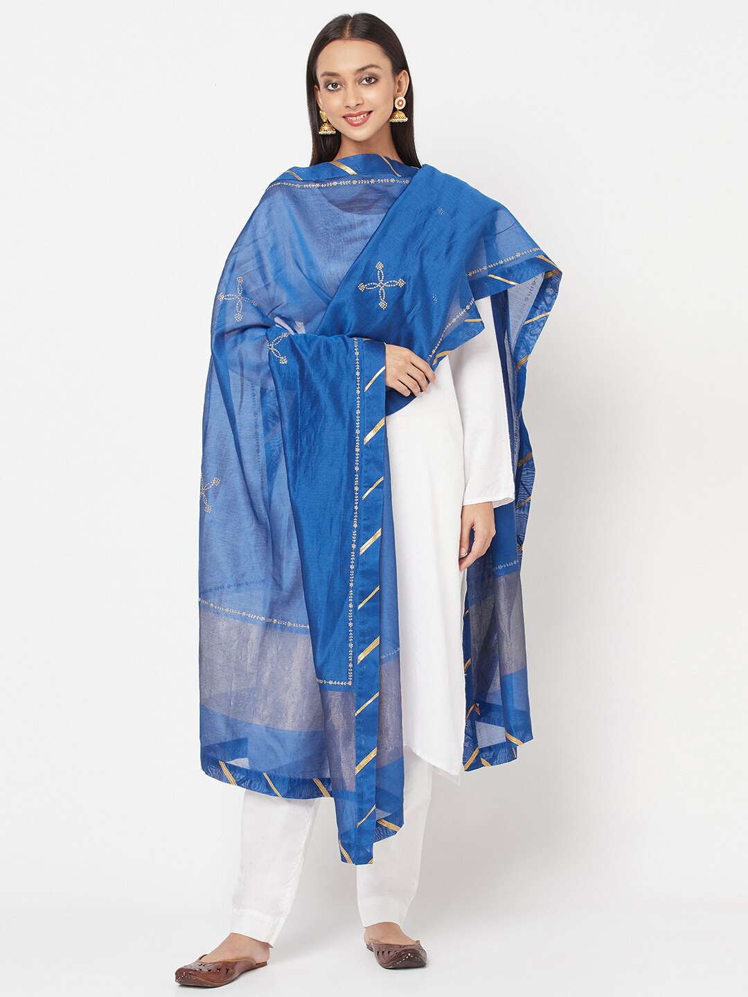 

Fabindia Blue & Gold-Toned Ethnic Motifs Embroidered Cotton Silk Dupatta