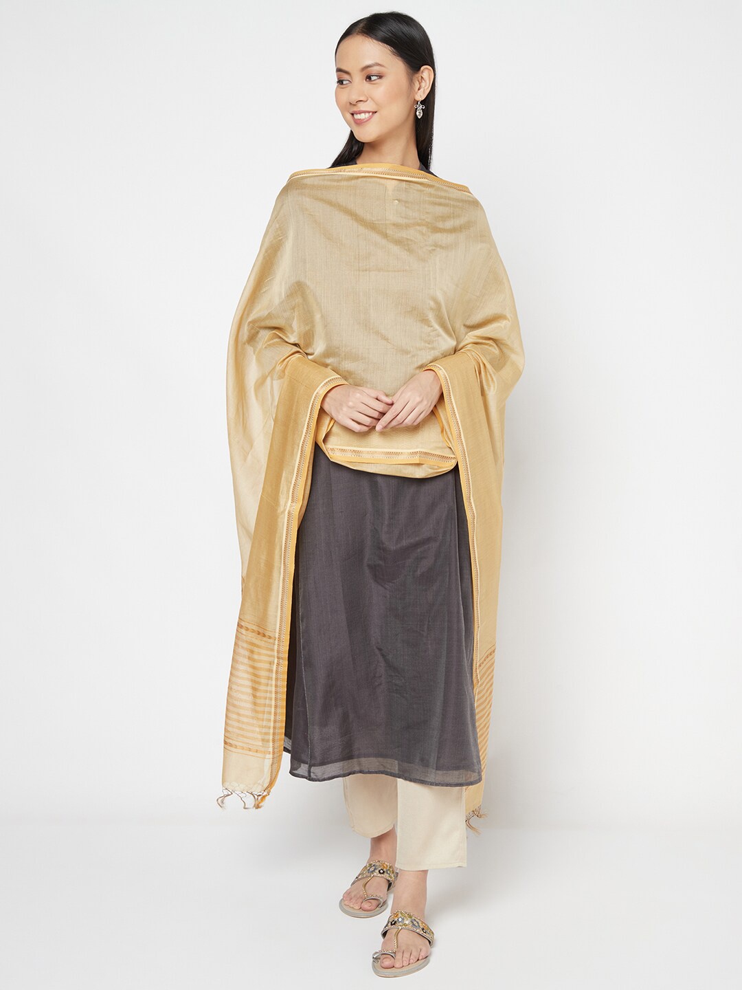 

Fabindia Beige & Gold Ethnic Motifs Woven Design Cotton Silk Dupatta